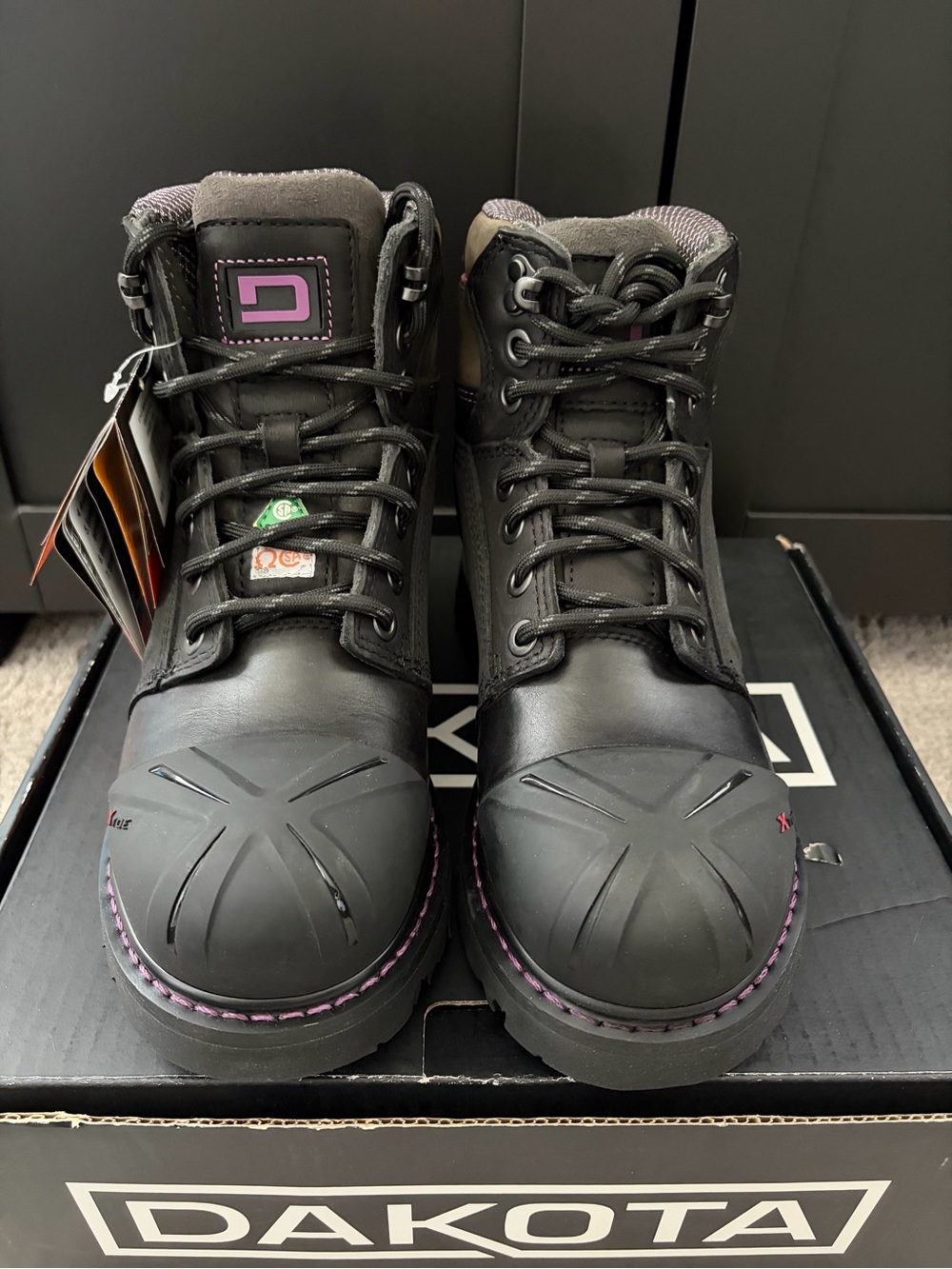 Dakota Women's Black Lace-Up Safety Boots with Purple Trim NIB